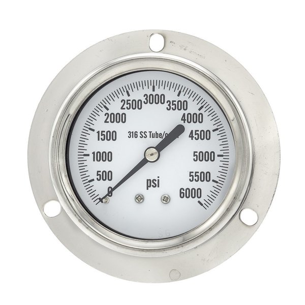 Pic Gauges Gauge, 2.5", 0/6000psi, 1/4"LBM, SS, FrontFlg PRO-314D-254S